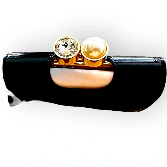 Black patent leather Ted Baker wallet-Pink interior-Pearl and Crystal accents - Picture 2 of 6